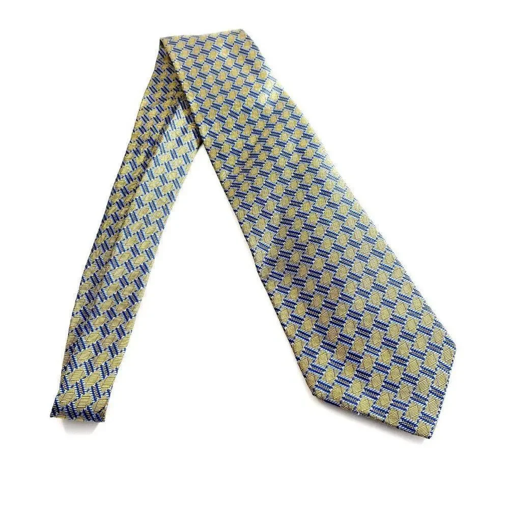 Jos A Bank Blue Yellow Woven Geometric Long‎ Silk Tie